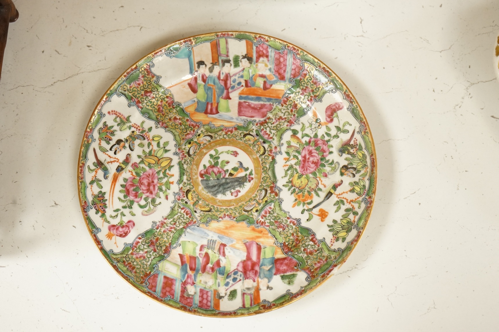 Two 19th century Chinese famille rose plates, largest 26cm